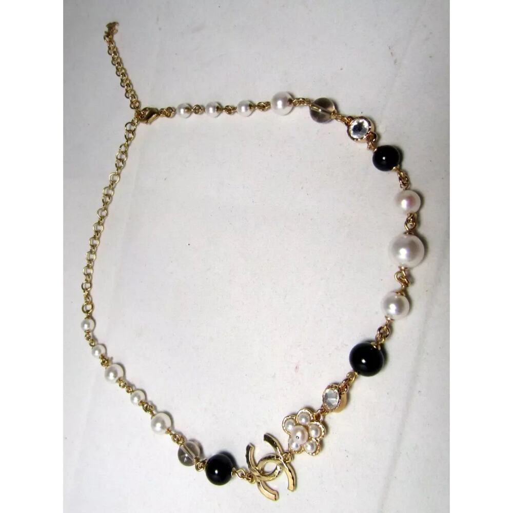 CHANEL 24P Crystal Glass Pearl CC Logo Necklace 17"